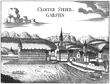 Monastero di Garsten, incisione di Georg Matthäus Vischer, 1674